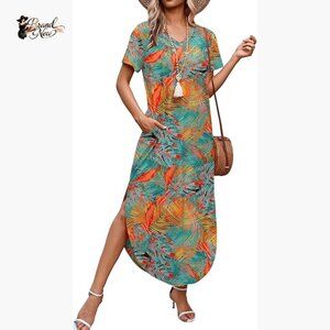 Summer Short Sleeve Maxi Dress with Pockets, Lightweight Fabric